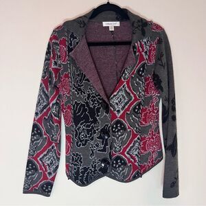 Coldwater Creek Cardigan Sweater Floral Knit Wool Gray Red Black XS